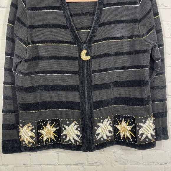 Jack B Quick Cardigan Women Medium Black Beaded Embroidered Christmas Holiday - Picture 5 of 13